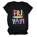 Detail of black cotton T-shirt featuring colorful Fri Yay pencil and school icons print - Black (White Text)
