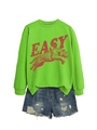 Close-up of vibrant green tiger print sweatshirt and distressed denim shorts detail - S / Fluorescent Green