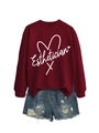 Detail of burgundy esthetician sweatshirt with heart graphic and distressed denim shorts - S / Wine Red (White Font)