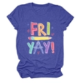 Close-up of Fri Yay pencil graphic and school supplies print on blue heather T-shirt - Retro Blue (White Text)