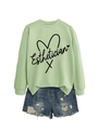 Detail of light green Esthetician sweatshirt with side slit and distressed denim shorts - S / Olive Green (Black Font)