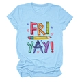 Detailed view of Fri-Yay pencil graphic print on a soft light blue cotton T-shirt - Light Blue (Black Text)