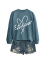 Detail of blue esthetician sweatshirt with white heart line graphics and denim shorts - S / Blue (White Font)