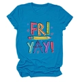 Detail view of Fri Yay pencil graphic print on casual bright blue crew neck cotton T-shirt - Lake Blue (Black Text)
