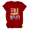 Detail of red crew neck T-shirt featuring FRI YAY pencil and stationery print - Red (White Text)