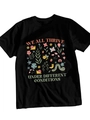 Dettaglio della stampa colorata con insetti e fiori su tessuto di t-shirt nera in cotone - S / Nero