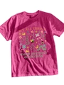 Close-up of magenta t-shirt with insects, flowers, and 'We all thrive' text detail - Rose Red