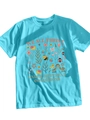 Detail of teal t-shirt with insects and flowers and WE ALL THRIVE UNDER graphic text - Cyan