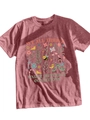 Detail of Heather Rose t-shirt showing colorful insect illustrations and floral prints - Peach