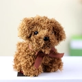 Deep brown curly teddy bear dog plush toy with a coffee brown decorative ribbon bow - 12cm / Tan