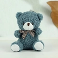 Dark blue plush teddy bear keychain with a brown plaid bow and silver metal chain link - Height approx 10cm / Blue