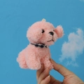 Pink plush teddy dog keychain featuring a cute checkered bow tie and hanging loop - Height about 12cm (Scarf color random) / Pink