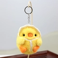 Mini yellow plush chicken keychain with a white sun hat and silver metal ring - White Bandana With Bead Chain