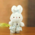 Cute white plush bunny pendant in tweed dress with pearl necklace and sequin bow - 20cm / Floral Skirt Style