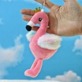 Pink flamingo plush keychain with gold crown and colorful fluffy wings for bag decor - Height approx 15cm / Pink