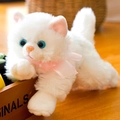 Cute plush white Persian cat doll with blue eyes and pink ribbon on a wooden box - Length 20cm / White