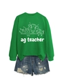 Detail of green ag teacher sweatshirt showing ribbed cuffs and farm animal graphic print - S / Grass Green Sweatshirt (White Pattern)