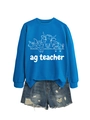 Flat lay of royal blue ag teacher sweatshirt with farm animal graphics and denim shorts - S / Lake Blue Sweatshirt (White Pattern)