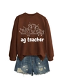 Detail of brown ag teacher sweatshirt featuring white farm animal icons and denim shorts - S / Coffee Sweatshirt (White Text Pattern)