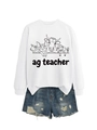Flat lay of an AG Teacher white sweatshirt featuring farm animal line art and denim shorts - S / White Sweatshirt (Black Text Pattern)