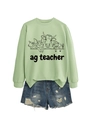 Detail of light green sweatshirt with farm animals and Ag Teacher print and denim shorts - S / Olive Green Sweatshirt (Black Text Pattern)