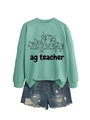 Detail view of mint green ag teacher sweatshirt featuring farm animal sketches and denim shorts - S / Light Green Sweatshirt (Black Text Pattern)