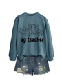 Mise à plat d'un sweat Ag Teacher avec croquis d'animaux de ferme et short en jean - 2XL / Sweat-shirt bleu (motif de texte noir)