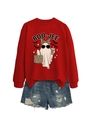 Detail van rode sweatshirt met Boo-jee spookprint en gerafelde denim korte broek - S / Rood