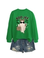 Detail van groene BOO-JEE ghost sweatshirt en distressed denim shorts voor Halloween mode - S / Grasgroen