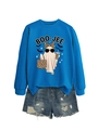 Detail van blauwe boo-jee geest sweatshirt gecombineerd met denim short - S / Meerblauw