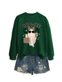 Detail of dark green crewneck sweatshirt featuring a stylish leopard print ghost graphic - Dark Green