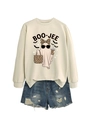 Detail of BOO-JEE leopard print ghost graphic on cream long sleeve sweatshirt - Sand