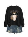 Flat lay of Boo-Jee ghost sweatshirt paired with distressed denim shorts on white background - Black