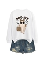 Detail of white sweatshirt featuring Boo-Jee ghost graphic with leopard print bow and bats - White