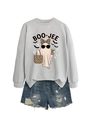 Flat lay of Boo-Jee ghost sweatshirt with leopard bow and distressed denim shorts set - Gray