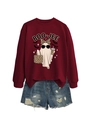 Detail of BOO-JEE ghost print with leopard bow and bat accents on dark red sweatshirt - Burgundy