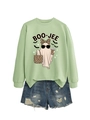 Detail view of Boo-Jee ghost print on light green sweatshirt with leopard pattern accents - Olive Green