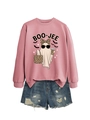 Detail of pink sweatshirt featuring a cute leopard bow ghost with Boo-Jee text print - Rose Gold