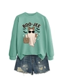 Detail of light green sweatshirt with leopard ghost print and distressed denim shorts - Light Green