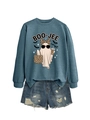 Flat lay of navy crewneck sweatshirt with Boo-jee ghost print and denim shorts - Blue
