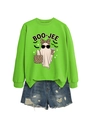 Detail of neon green BOO-JEE ghost sweatshirt paired with distressed denim fringe shorts - Fluorescent Green