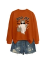 Detailed view of the BOO-JEE ghost print on an orange sweatshirt with denim shorts - Burnt Orange