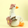 Plüsch weißer Enten-Schlüsselanhänger mit rosa Baskenmütze und kleiner Blumentasche - Braun / Ca. 18cm