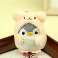 Cute plush penguin keychain wearing bear hoodie with silver ring and pink ribbon - Around 9cm / Pink