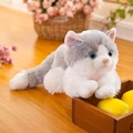 Grey and white plush simulation cat toy with blue eyes and pink ribbon on wood box - Length 20cm / Gray