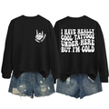 Detail of black crewneck sweatshirt with humorous white text print and rock hand gesture - S / Tops / Black (White Print)