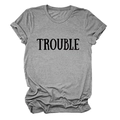 Detail of grey crewneck T-shirt showing TROUBLE print and rolled hem design - S / Tops / Dark Grey (Black Font)