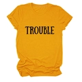 Detail of mustard yellow cotton T-shirt featuring TROUBLE print and cuffed sleeves - S / Tops / Mustard Yellow (Black Font)
