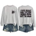 Front and back view of heather grey sweatshirt with rock skeleton hand and bold cool text - S / Tops / Grey (Black Print)