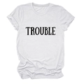 Detail of white cotton T-shirt featuring TROUBLE print and folded sleeve cuffs - M / Tops / Sand (Black Font)